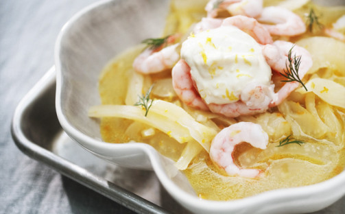 Fänkålssoppa med räkor samt vitlök- och citronyoghurt
