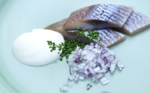 Matjesill med rödlök, gräslök och rysk yoghurt