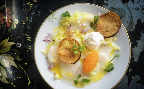 Råmarinerad pilgrimsmussla med löjrom, gurka, rysk yoghurt och crostinis